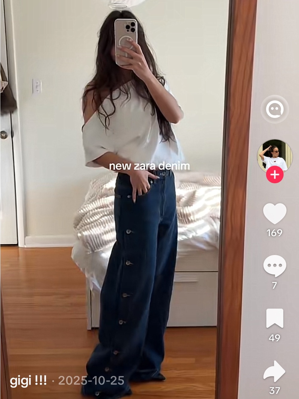 Zara Navy Wide-Leg Denim Pants with Side Buttons
